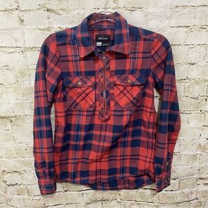 Marmot Shirt Red Plaid Half Zip Flannel Popover Pockets Outdoor